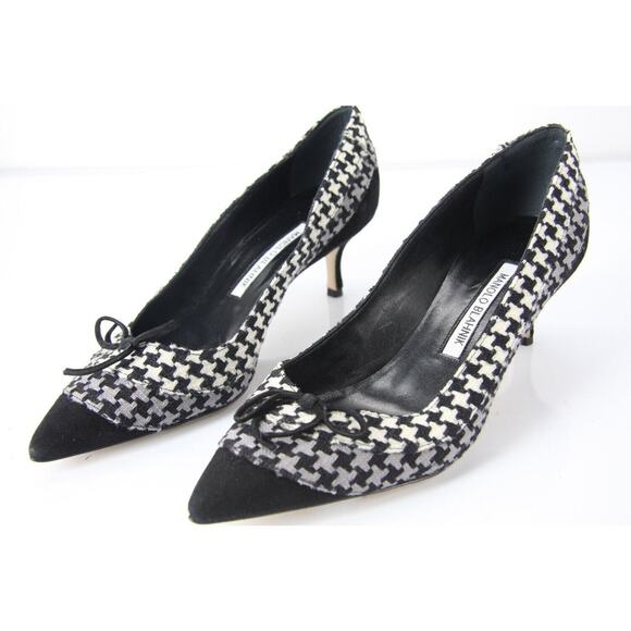 Manolo Blahnik Black Check Sfida Pointy Cap Toe Pointy Pumps Size 37 - Picture 8 of 10